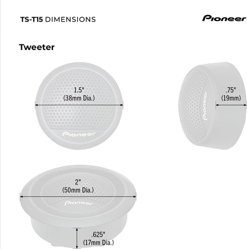 Pioneer TS-T15 3/4” Soft Dome Tweeter Car Speakers, Pair, Smooth Upper Range, Clear Sound Quality