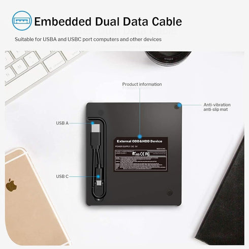 External DVD Drive, USB 3.0 Type C CD/DVD ROM +/-RW Adapter for Laptop PC, Compatible with Mac Windows