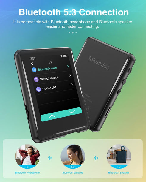 tokemisc 64GB MP3 5.3, Mp3 512GB Player with Bluetooth Full Touch Screen Music Player Built-in Speaker,FM Radio,Voice