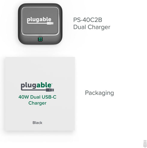 Plugable Dual USB C Wall Charger, 40W Foldable 2-Port Flat USB C Fast Charger Block, USB-C Power Adapter for iPhone 15,