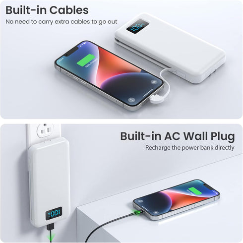 Portable Charger with Built-in Cables & AC Wall Plug, Ultra Slim 13800mAh USB-C Power Bank, LCD Display
