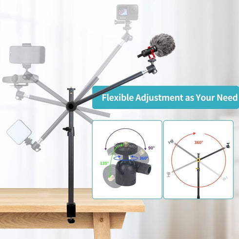 Overhead Camera Mount Desk Stand with 360° Adjustable Holding Arm, Flexible Phone Stand with Ballhead and Phone Mount