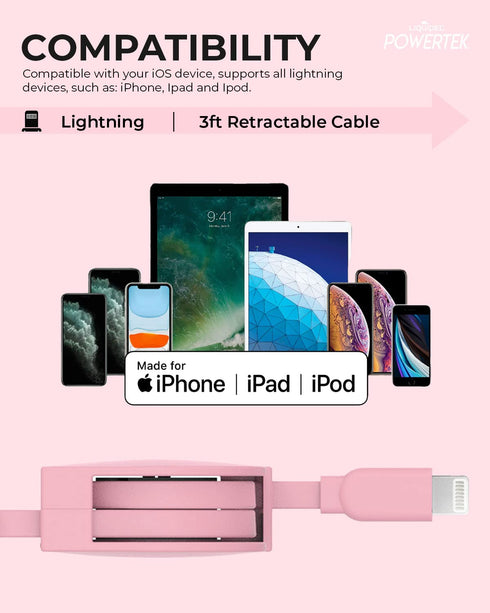 LIQUIPEL Powertek Retractable MFi Certified Charger, 3ft Lightning to USB Cable for Fast Charging (Pink)