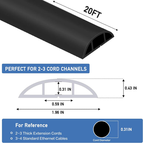 Floor Cord Cover Self Adhesive Hider for Power Cord Protection Cable Management 20Ft (Black)