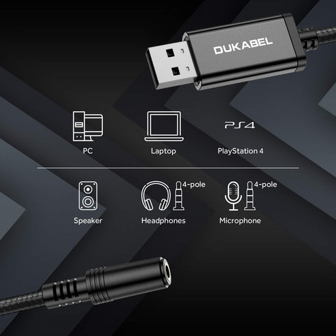 DUKABEL USB to 3.5mm Jack Audio Adapter, 45 inch TRRS USB-A to Headphone AUX Adapter for Computer PS4 PS5