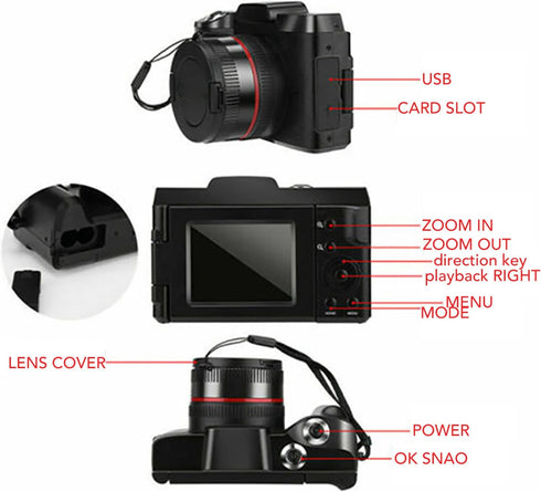 Portable Digital Video Camera Camcorder, 16MP 16X 1080P with 2.4 Inch 180 Degree Flip Screen for Beginners