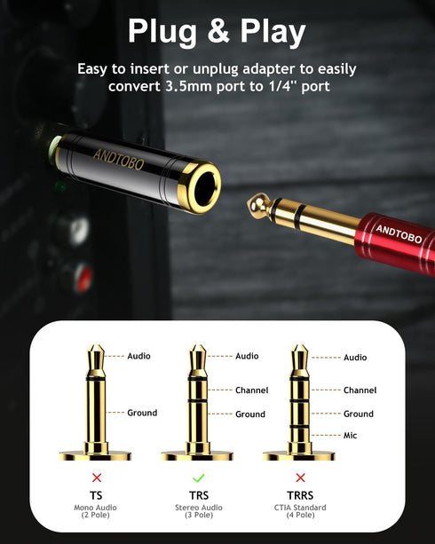 ANDTOBO 3.5mm Male to 1/4'' Female Stereo Pure Copper Headphone Adapter, Black 1-Pack