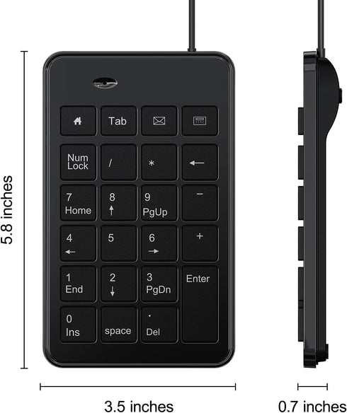 CBUS 23 5ft Wired USB-A Numeric Keypad for Laptop, Keys Numpad Keyboard with Tab, Home, Email & Calculator Keys, Cable