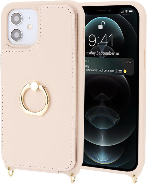 iPhone 11 Phone Case with Card Holder and Strap for Women, Crossbody Lanyard, Kickstand Ring Stand, Beige