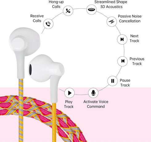 URIZONS Music Earphones Wired Headphones, Colorful Nylon Braided Earbuds with Mic for iPhone/Android