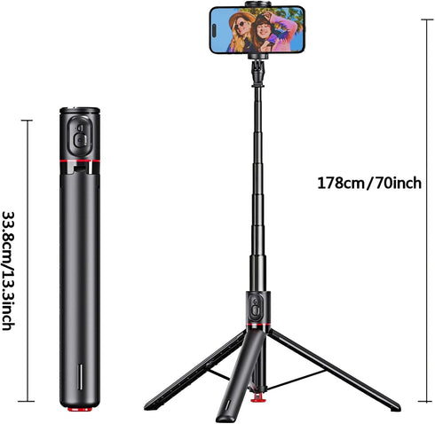 PEUJTEO 70" All-in-1 Auto Pop up Selfie Stick Tripod, Aluminum Celly Phone Selfie Stick for iPhone Android