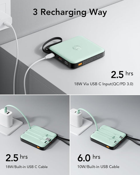 Portable Charger USB C VRURC, 10000mAh Power Bank with Built-in Cable, 20W Battery Pack for iPhone 15 14 Samsung Galaxy