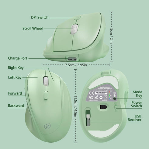 Micropack Vertical Mouse, Multi-Device 3-Mode Bluetooth 5.0 & 3.0 Mouse, 2.4G Wireless with Adjustable DPI & Silent