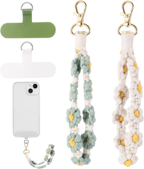 2 PCS Boho Macrame Phone Wrist Strap, Cute Cell Phone Lanyard with Tether Tab for Women Girls (White+Green)