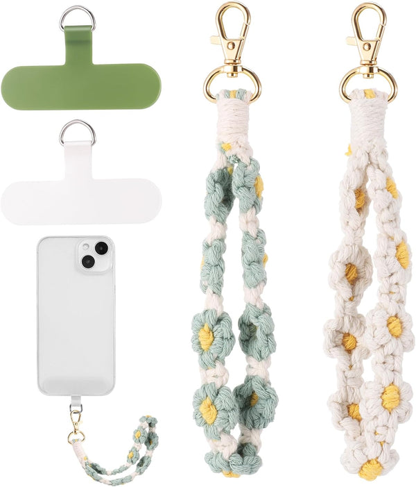 2 PCS Boho Macrame Phone Wrist Strap, Cute Cell Phone Lanyard with Tether Tab for Women Girls (White+Green)
