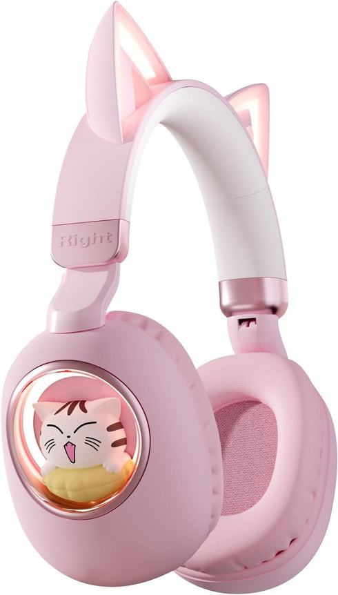 Pink Cat Ear Headphones for Kids, Cute Wireless Bluetooth Headphones for School, Noise Cancelling