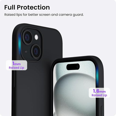 ORNARTO iPhone 15 Case 6.1" - Slim Liquid Silicone, 3 Layers, Soft Gel Rubber, Anti-Scratch, Shockproof, Black.