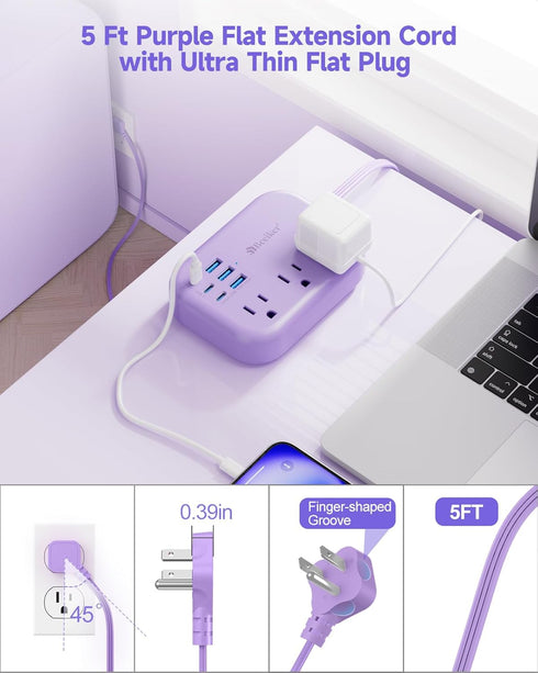 Beeiker 6 USB(3 5Ft 24W 3 USB C) Purple Travel Power Strip- Purple Extension Cord with USB Charging Station