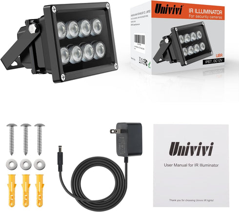 Univivi IR Illuminator 90 Degree Wide Angle 8-LEDs 850nm Infrared Light for Night Vision, IP67 Waterproof
