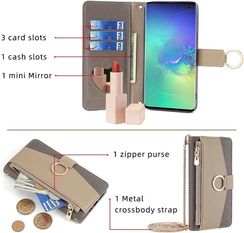 Asuwish Phone Case for Samsung Galaxy S10 Plus Wallet Cover with Screen Protector and Mirror Flip Cover Ring Card Holder Crossbody Strap Stand Cell S10+ S10plus 10S Edge S 10 10plus Women Girls Gray