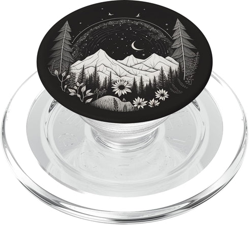 Boho Chic Floral Forest Nature Mountain Black White Girls PopSockets MagSafe PopGrip for iPhone
