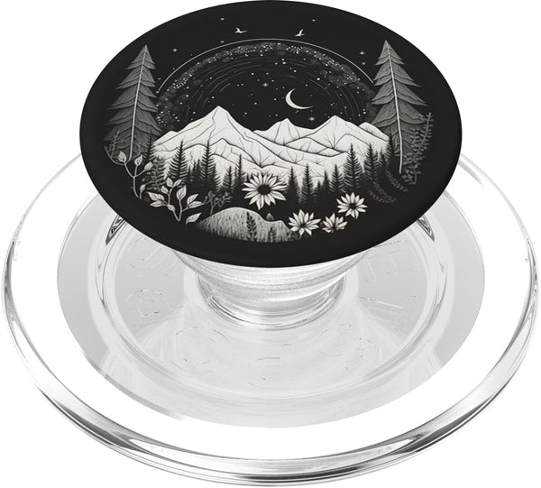 Boho Chic Floral Forest Nature Mountain Black White Girls PopSockets MagSafe PopGrip for iPhone