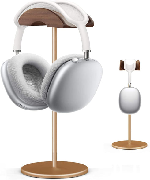 Headset Holder Stand, Wood and Aluminum Desktop Headphone Stand with Solid Heavy Base for All Headphone Sizes (Gold)
