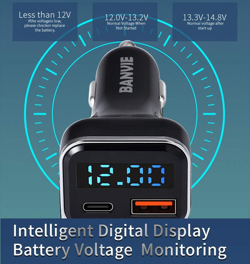 BANVIE USB C Car Charger with LED Voltage Display, 30W 2-Port Fast Charging Adapter for iPhone, Samsung, Pixel