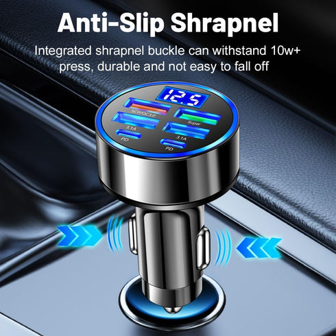 6-in-1 Multi-Port Car Charger with Voltage Detection, 2PD+3USB+QC3.0 Fast Charge Cigarette Lighter Plug Adapter Compatible with iPhone,Android,Samsung,iPad Pro and More