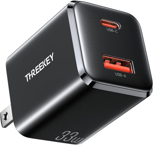 THREEKEY 33W Dual USB C Charger, Fast Charging Power Adapter for iPhone 12-16, iPad Pro, MacBook, Samsung, Black