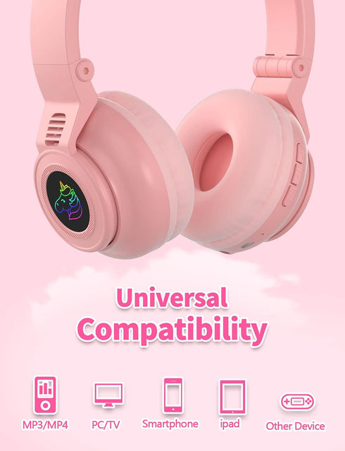 Unicorn Kids Headphones for Girls, Foldable Bluetooth Headphones for Toddlers, Light Up Wireless Headphones, Birthday