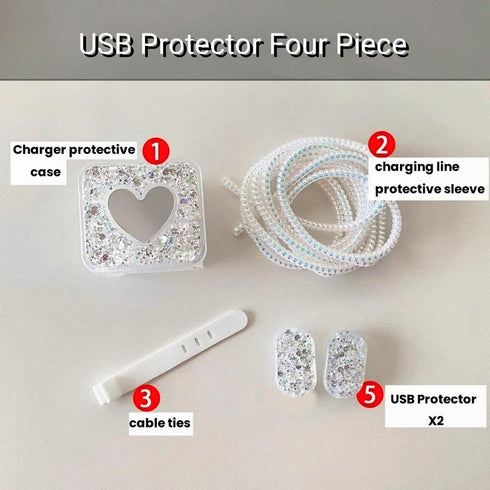 Cable Protector for iPhone Charger, Sparkle Love Heart Design for Women, Luxury Soft Data Line Cover (Silver)