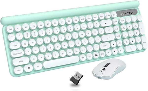 Rechargeable Keyboard and Mouse Combo, 2.4Ghz Wireless Retro Mute Set for Laptop Desktop PC, Light Green