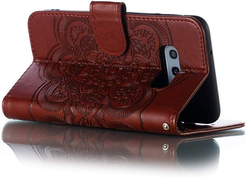 LEECOCO Mandala Brown Case for Galaxy S10e, Luxury PU Leather Flip Wallet with Magnetic Stand & Card Slot