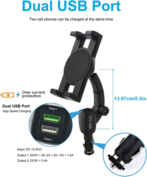 Cigarette Lighter Car Phone Mount with Dual USB Charger, Fast Charging Holder for iPhone 15 Pro Max, Samsung Galaxy