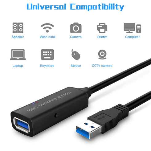 RSHTECH USB 3.0 Active Extension Cable 32 Feet with 5V 2A Power Adapter, Male to Female Cord with Signal Booster