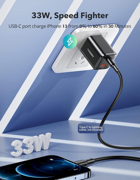 THREEKEY 33W Dual USB C Charger, Fast Charging Power Adapter for iPhone 12-16, iPad Pro, MacBook, Samsung, Black