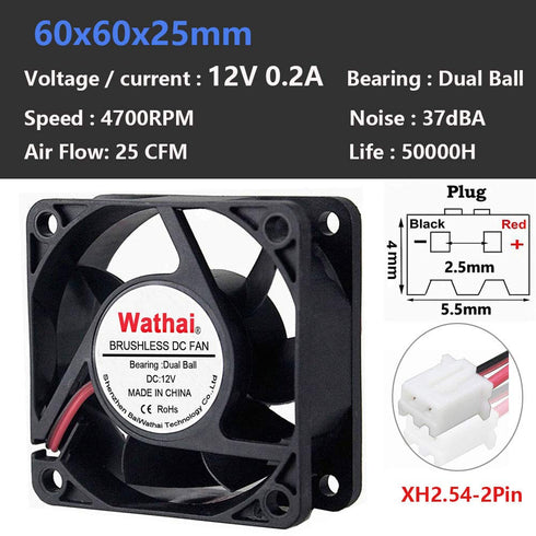 Wathai 60mm x 25mm 12V Waterproof Small Fan Dual Ball High Speed DIY Cooling for RV Refrigerator, Computer Case, Generator, Plant Tank or Terrarium IP67