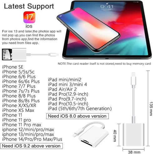 SD Card Reader for iPhone iPad Camera, Dual Card Slot Memory Card Reader Supports SD and TF Card, Portable Adapter