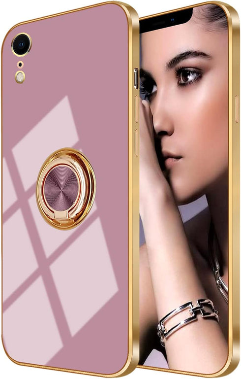 Omorro iPhone XR Case (Purple) - Built-in 360 TPU Rotation Kickstand with Glitter Plating Rose Gold Edge