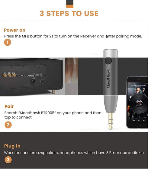 Bluetooth 5.0 Receiver, MaedHawk Bluetooth Aux Adapter/Portable Wireless Audio Car Kit with 3.5mm Jack for Home Music