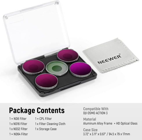 NEEWER 5PCS ND Filter Kit for DJI Osmo Action 3, CPL ND8 ND16 ND32, Neutral Density Filter HD Optical Glass Multi Layer