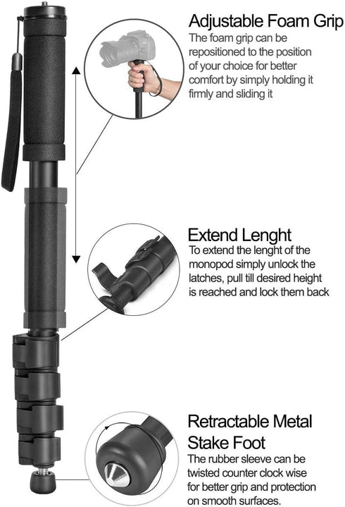 Acuvar 65 Inch 4-Section Camera Monopod Lightweight Aluminum Monopod with Safety Strap for DSLR & Mirrorless Cameras