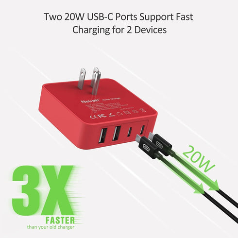 Nekmit 52W 4-Port 20W 3.0 2 14/14 Pro/14 USB C Charger, Thin Flat Fast Wall Charger Type-C Charging Station with Two PD