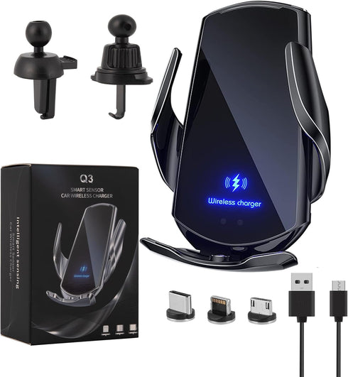 Wireless Car Charger Phone Holder Mount, 15W Fast Charging Auto Clamping Charger for All Android Smartphones (Black)