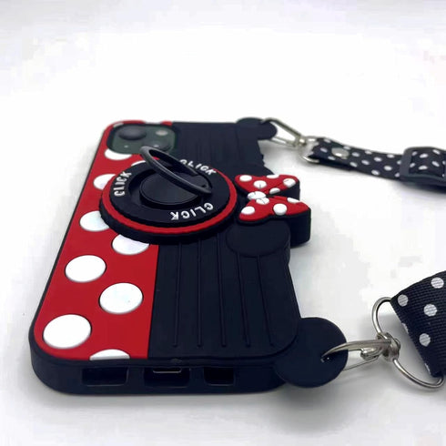Cute for iPhone 14 Case, 3D Cartoon Camera Rotating Ring Grip Holder Kickstand Lanyard for iPhone 13, 14 - Red