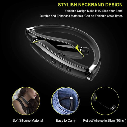 Bluetooth Headphones, Upgraded Foldable Wireless Neckband Headset with Retractable Earbuds, Noise Cancelling Stereo Earphones with Mic for Workout, Running, Driving (with Carry Case)