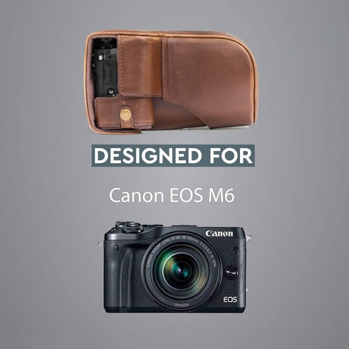 MegaGear Ever Ready Leather Camera Case for Canon EOS M6 (18-150 mm), Dark Brown with Battery Access