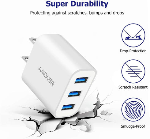 Amoner USB Wall Charger, 2-Pack Upgraded 15W 3-Port USB Charging Blocks, iPhone Plug Adapter Wall Charger Cube for