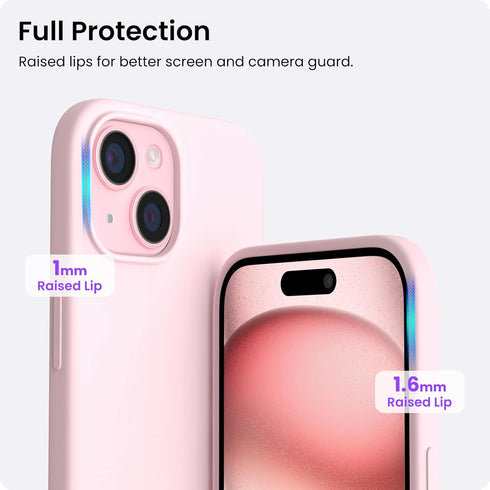 ORNARTO iPhone 15 Plus Case 6.7", Pink Slim Liquid Silicone 3 Layers Full Covered Soft Gel Rubber Protective Phone Case